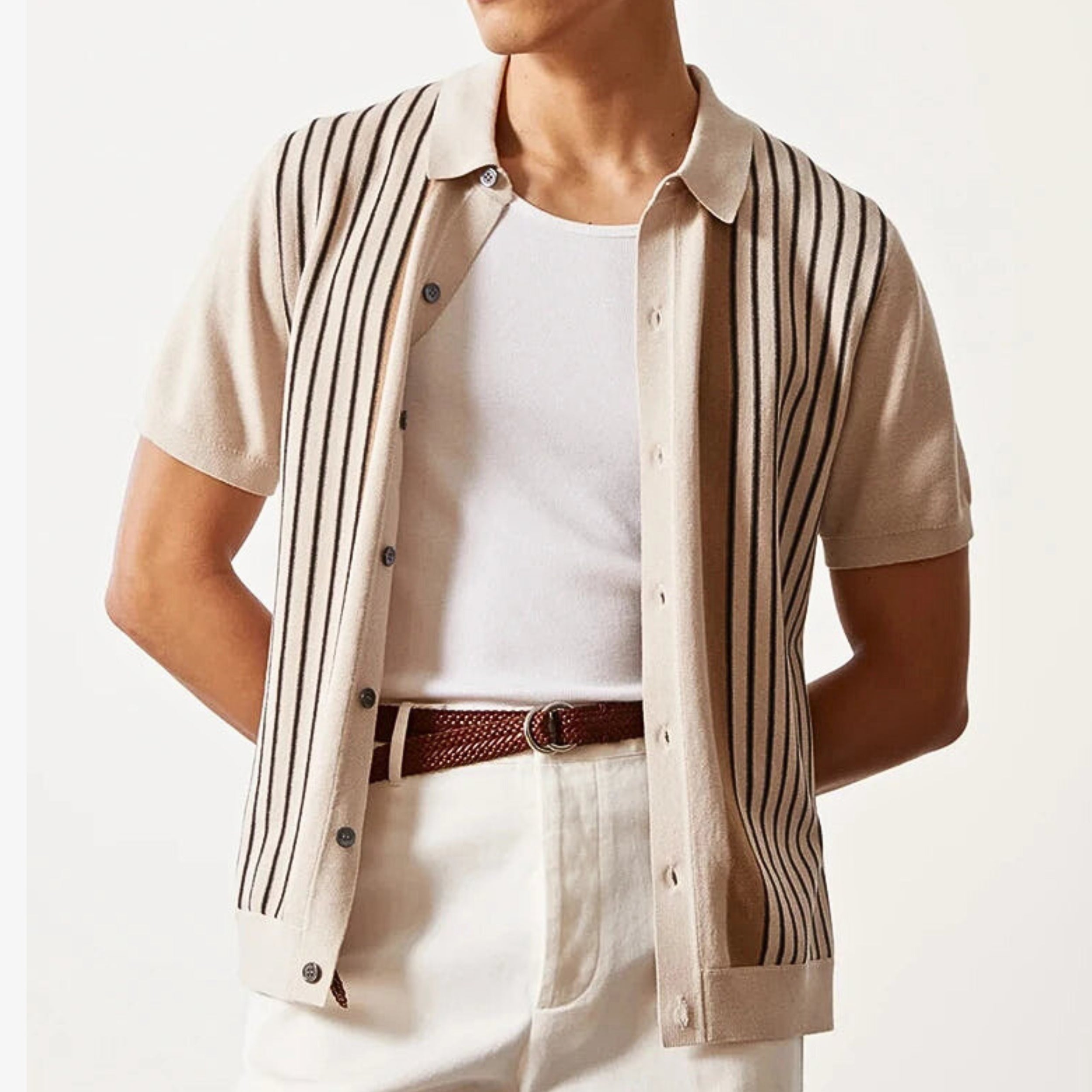 Vertical Stripe Button-Up Polo